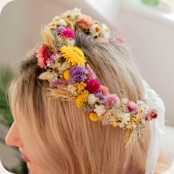 Wildflower Floral Headband Headshot Headshot of wildflower boho dried flower crown. Luxury preserved flower crown. Everlasting rustic boho floral headpiece for weddings, brides, bridesmaids and even festivals. Handmade headband