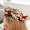 Headshot of red flower crown Red dried flower crown. Luxury preserved flower crown. Everlasting rustic boho floral headpiece for weddings, brides, bridesmaids and even festivals. Handmade headband