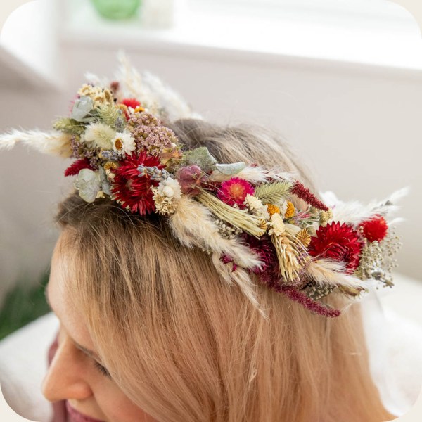 Headshot of red flower crown Red dried flower crown. Luxury preserved flower crown. Everlasting rustic boho floral headpiece for weddings, brides, bridesmaids and even festivals. Handmade headband