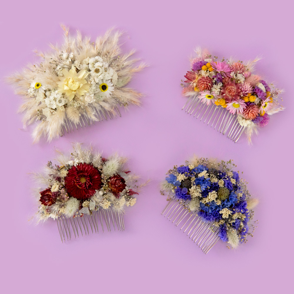 Dried pink, white, ivory, blue, red, autumn, winter flower hair combs. Bridal floral hair comb. Bridesmaid pink hairpiece. Preserved floral comb. rose gold blush finish. handmade hairpiece. updo hair comb. boho bridal accessory