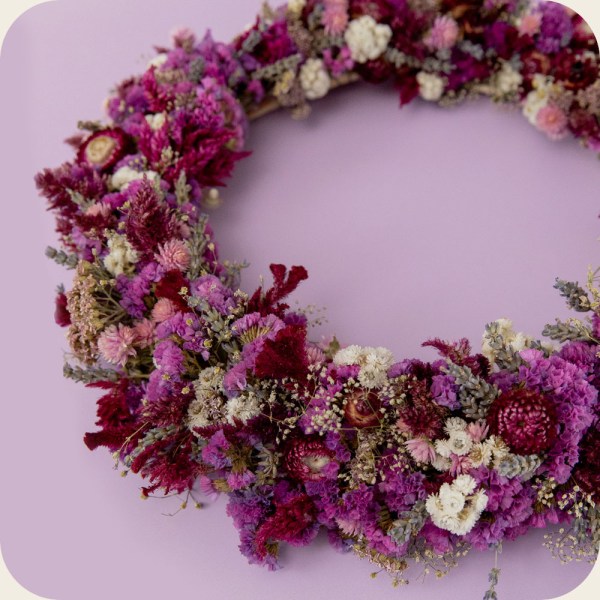 Pink & purple dried flower wreath. Gorgeous handmade berry toned floral wall decor
