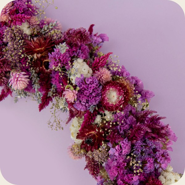 Close Up of Dried floral wreath Pink & Plum Dried Flower Wreath
