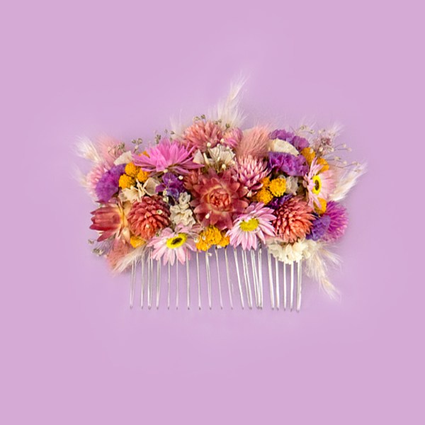 Pink Dried Flower Hair Comb Dried pink flower hair comb. Bridal hair comb blush. Bridesmaid pink hairpiece. Preserved floral comb. rose gold blush finish. handmade hairpiece. updo hair comb. boho bridal accessory