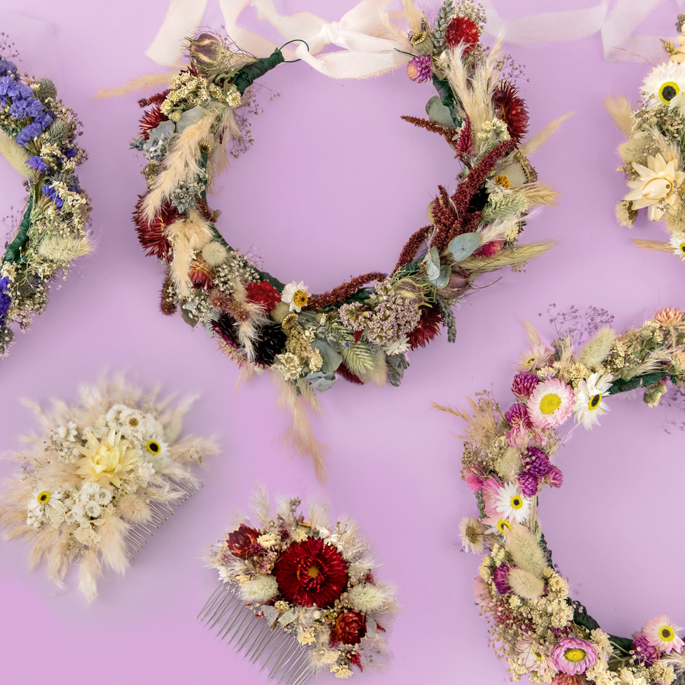 Dried flower Wedding Accessories including dried flower crowns, dried flower hair combs by flores and bloom