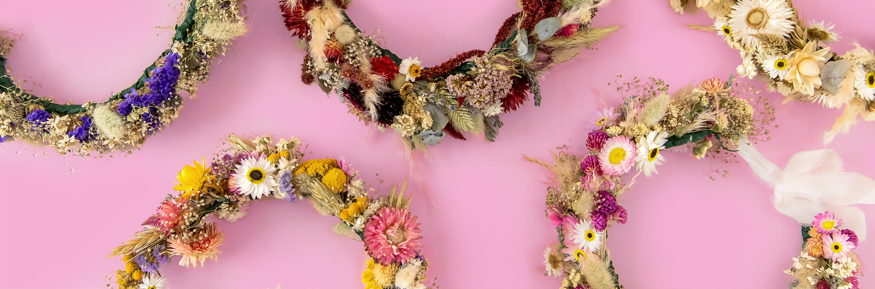 Dried Flower hair accessories including dried flower Crowns in reds, blues, whites and pinks. Preserved dried flower headbands perfect for weddings and brides, bridesmaids, flower girls and festivals. By Flores and Bloom