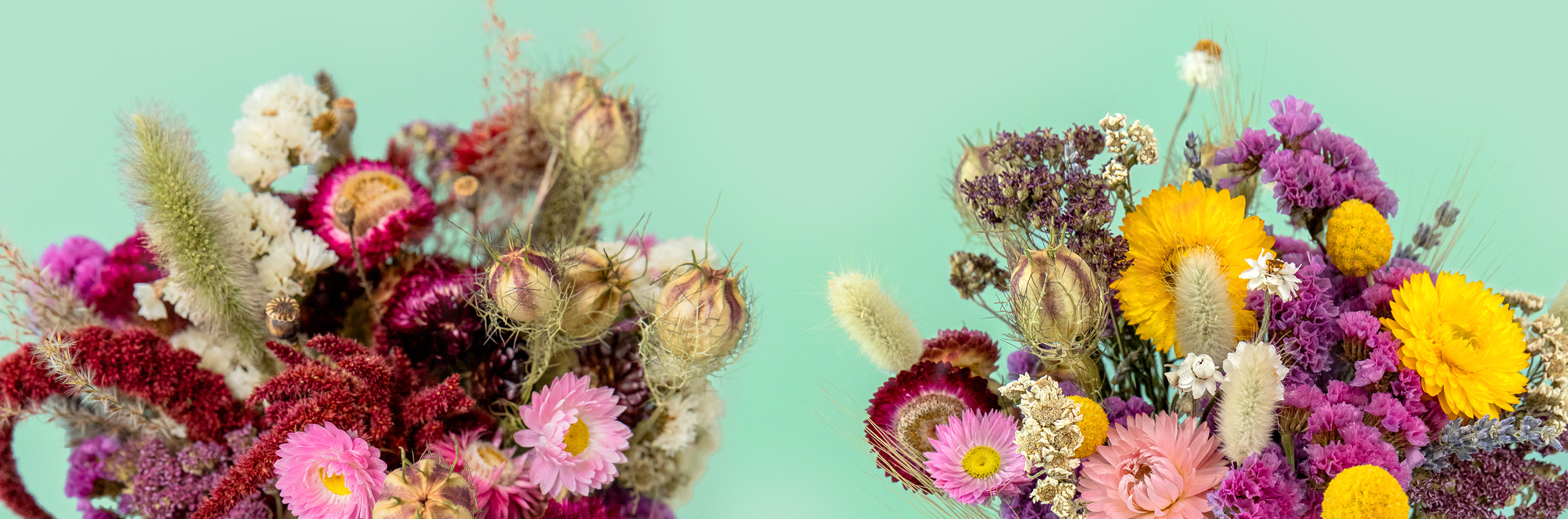 Dried Flower Bouquet Banner by Flores and Bloom featuring natural boho arrangements for home décor, gifts and special occasions, made with long-lasting preserved flowers