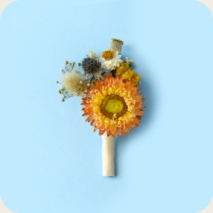 Rustic blue and burnt orange dried flower buttonhole with strawflowers, bunny tails and eryngium, handmade boho wedding boutonniere for groom and groomsmen.