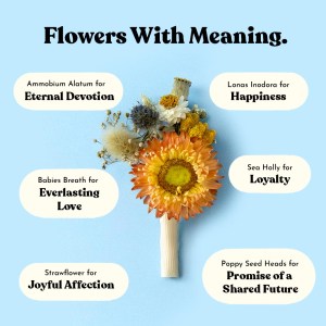 Dried flower buttonhole with a orange strawflower and white and blue accents wrapped with a white ribbon against a soft blue background