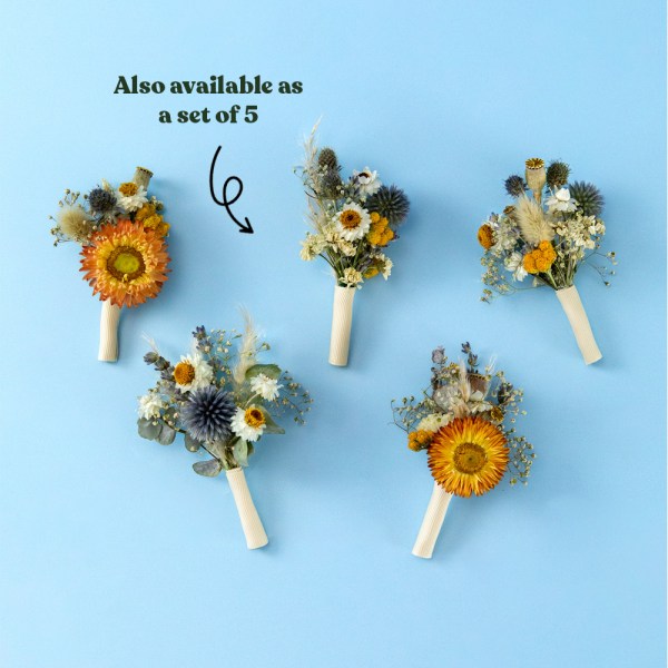 Dried Flower buttonholes Set of five rustic blue and burnt orange dried flower buttonholes with strawflowers, bunny tails and thistles, handmade boho wedding boutonnieres for groom and groomsmen.