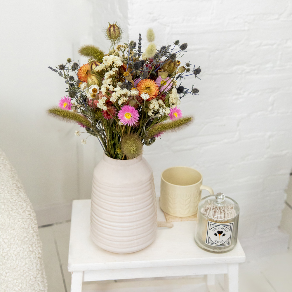 Blush pastel dried flower bouquet featuring preserved pink, white, blue and orange blooms, perfect for styling living rooms, bedrooms, offices and modern home décor. UK grown dried flowers