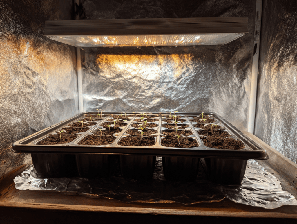 seedlings growing with reflective foil under grow lights
