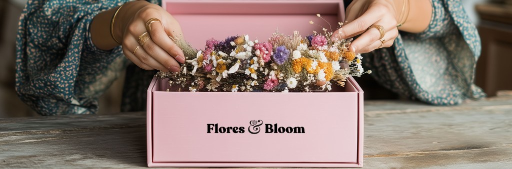 Dried Flowers Delivery and Returns Banner. Flores and Bloom