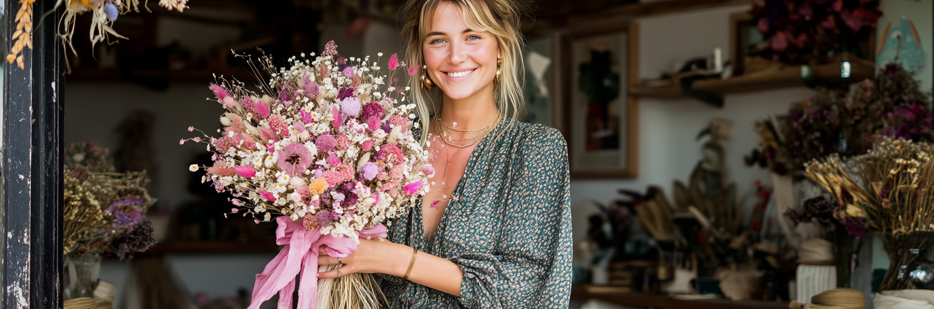 woman holding a pink and white dried flower bouquet created from UK grown dried flowers. dried flowers terms and conditions