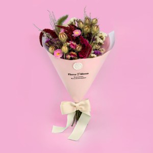 Romantic red and pink dried flower bouquet featuring celosia, amaranthus, strawflower, statice and nigella, handmade in the UK and perfect for gifting