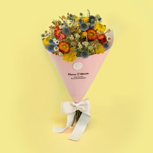 Farmhouse dried flower bouquet featuring colourful blooms in orange, yellow, blue and white tones agains a soft yellow background, ideal for a thinking of you gift