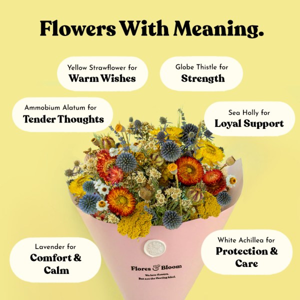 Flowers with meaning graphic showing a colourful dried flower bouquet with labelled meanings including strength, loyal support, protection, comfort, tender thoughts and warm wishes on a yellow background