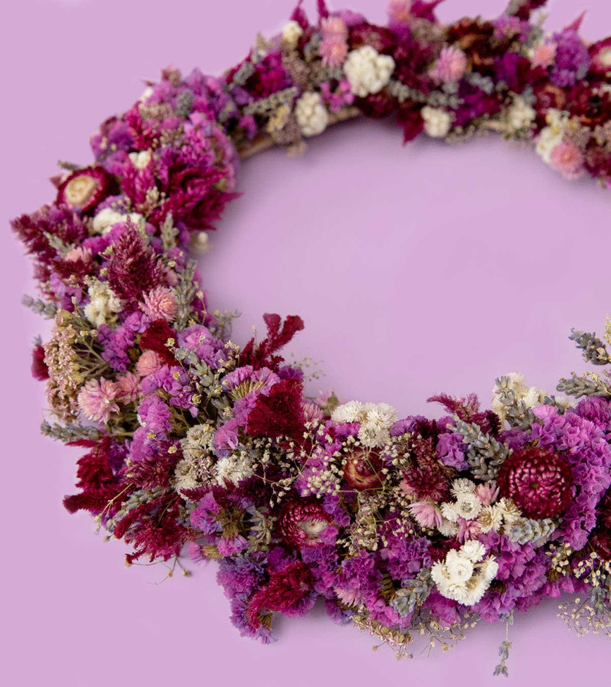 pink and purple dried flower wreath. Romantic floral wreath