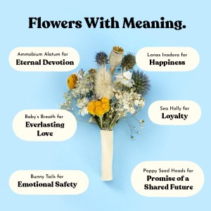Flowers with meaning graphic showing a dried flower buttonhole wrapped in white ribbon with meanings for lonas inodora, sea holly, poppy seed heads, bunny tails and baby's breath on a light blue background